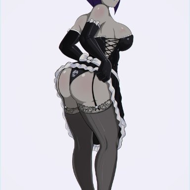 ass, breasts, cleavage, dc, female, female only, garter belt, high heels, looking at viewer, looking back, maid, maid headdress, maid uniform, panties, raven