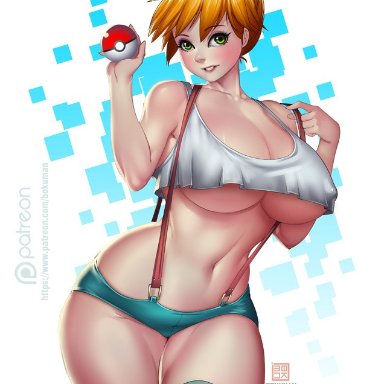 abs, alternate breast size, bare shoulders, belly, big ass, big breasts, blue background, blue eyes, blush, bokuman, breasts, cleavage, clothed, eyelashes, female