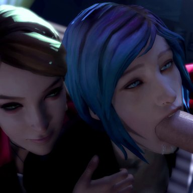 2girls, 3d, absurdres, animated, blue eyes, blue hair, brown hair, chloe price, clothes, clothing, erection, eyebrows, fellatio, female, hair