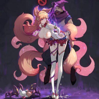 1boy, absurdres, ahri, animal ears, ass grab, baggy pants, bangs, bare shoulders, bent over, blue eyes, boots, breasts, breasts outside, circlet, clenched teeth