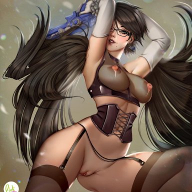 absurdres, areolae, bayonetta, bayonetta (character), big breasts, breasts, didi esmeralda, female, female only, garter belt, highres, large breasts, looking at viewer, nipples, pussy