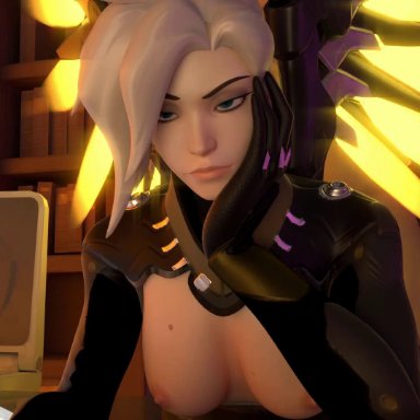 3d, animated, animation, annoyed, blender, blonde hair, blue eyes, bouncing breasts, breasts, exposed breasts, from behind, functionally nude, looking at viewer, looking down, mechanical wings