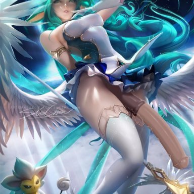 animal genitalia, animal humanoid, animal penis, canastus, clothed, clothing, dickgirl, edit, equine penis, feathered wings, feathers, futa only, gloves, green eyes, green hair