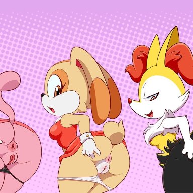 2018, anthro, anus, areola, ass, black fur, blue eyes, braixen, breasts, brown fur, canine, clothed, clothing, cream the rabbit, erect nipples