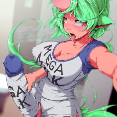 2018, ahe gao, animeflux, balls, blush, breasts, cleavage, cock sleeve, dickgirl, erection, futa only, futanari, green eyes, green hair, horn