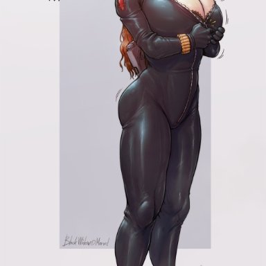 angry, annoyed, black widow, bodysuit, breast press, bursting breasts, cleavage, devil hs, full body, heroine, huge breasts, latex, latex suit, marvel, orange hair