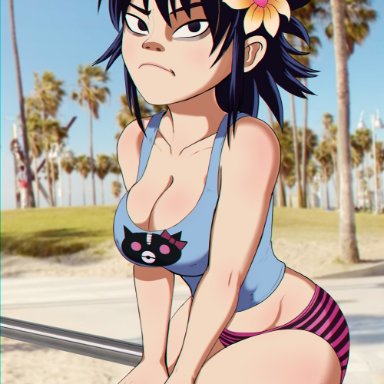 asian, big breasts, breasts, cleavage, clothed, clothing, female, female only, flower in hair, gorillaz, nail polish, noodle (gorillaz), panties, public, shadman