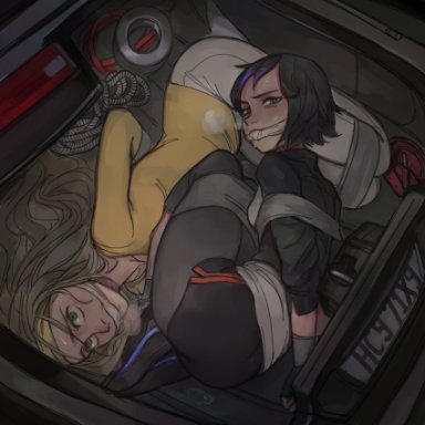 2girls, big hero 6, black hair, blonde hair, blush, bondage, disney, from above, gag, gogo tomago, honey lemon, long hair, looking at viewer, multiple girls, pov