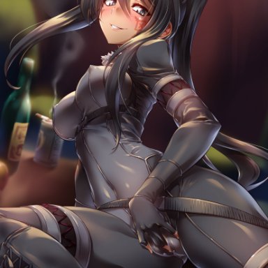 alcohol, beer can, black bodysuit, black eyes, black footwear, black gloves, black hair, bodysuit, boots, bottle, breasts, cameltoe, can, cigarette, commentary request