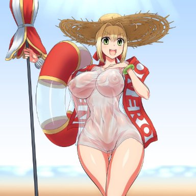 areolae, big breasts, breasts, fate (series), fate/grand order, female, female only, jadf, large breasts, looking at viewer, nero claudius (fate), nipples, pussy, see-through, solo