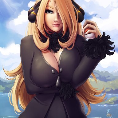 1girl, 2018, ambiguous gender, artist name, artist request, background, being watched, big breasts, big tits, blonde, blonde hair, blue eyes, blue skin, breasts, cleavage