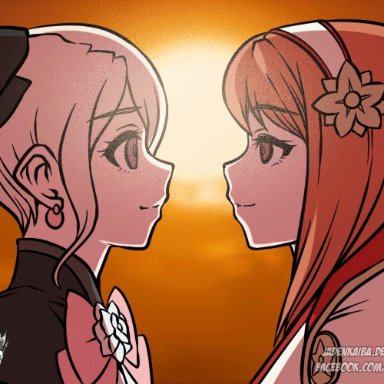 2girls, animated, backlighting, bangs, black bow, blinking, blonde hair, bow, bowtie, brown eyes, closed eyes, closed mouth, cute, drill hair, earrings