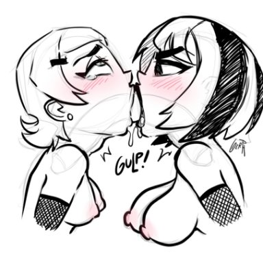 2girls, ben 10, deepthroat, dildo, double dildo, double dildo deepthroat, fellatio, female, female only, gerph, gwen, gwen tennyson, monochrome, oral, sketch