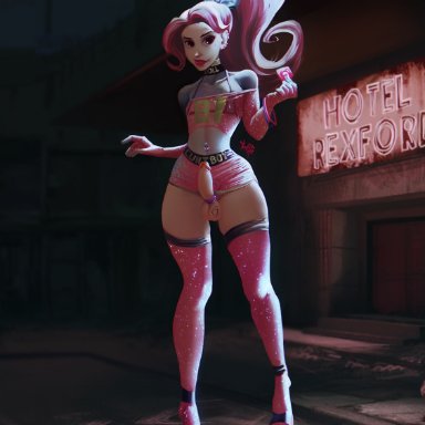 androgynous, balls, condom, erection, fallout, fallout 4, femboy, girly, high heels, male, male only, penis, pink hair, ponytail, prostitution