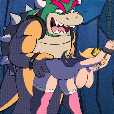 animated, areolae, bondage, bouncing breasts, bowser, breasts, female, from behind, koopa, male, nipples, princess peach, restrained, scruffmuhgruff, sex