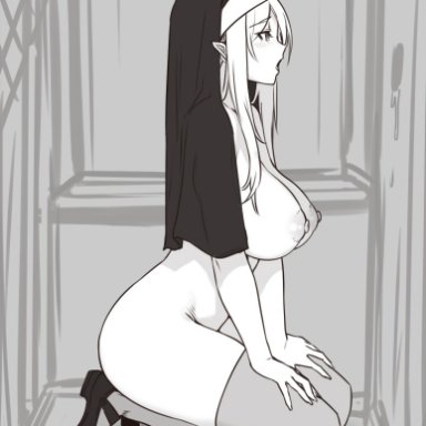 areola, areolae, ass, black footwear, blush, breasts, eyebrows visible through hair, female, female only, full body, glory hole, greyscale, habit, hands on knees, houtengeki