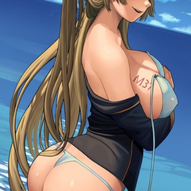 ass, big breasts, bikini, breasts, cleavage, female, female only, girls frontline, ithaca m37 (girls frontline), large breasts, lasterk, looking at viewer, looking back, solo