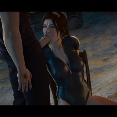 1boy, 1girl, 2018, 3d, attached, blowjob, breasts, clothed, erection, fellatio, female, forced, hand on head, lara croft, male