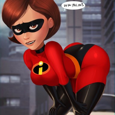 ass, bodysuit, breasts, cleavage, female, female only, helen parr, looking at viewer, shadman, solo, speech bubble, text, the incredibles, tight clothing