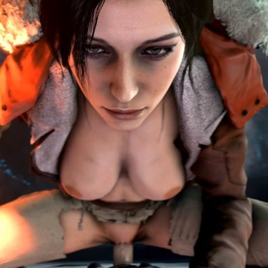 3d, audiodude, blueberg, breasts, brown eyes, brown hair, cowgirl position, female, human, jacket, lara croft, male, male pov, nipples, open clothes
