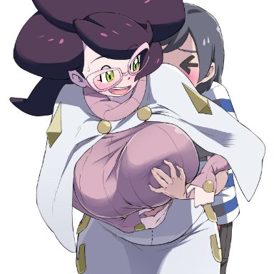 > <, 1boy, 1girl, aether foundation, age difference, alternate breast size, belly, big ass, big breasts, big hair, black hair, blush, breast grab, breasts, busty