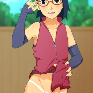 1girl, adjusting glasses, armpits, bare shoulders, black eyes, black hair, blue background, blue hair, blush, boruto: naruto next generations, brown background, brown wall, clouds, collarbone, female