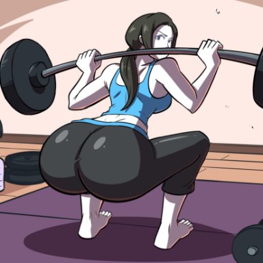 ass, axel-rosered, barbell, barefoot, big ass, black hair, female, gym, huge ass, looking at viewer, weightlifting, weights, white skin, wii fit, wii fit trainer