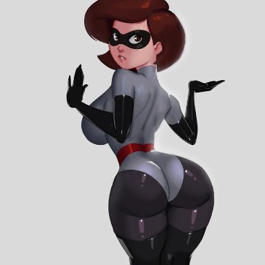 ass, bodysuit, breasts, cleavage, clothed, dat ass, female, female only, fully clothed, helen parr, huge ass, looking at viewer, looking back, mask, morganagod