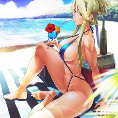 arm support, bangs, bare legs, barefoot, beach, blonde hair, blue eyes, blue sky, blue swimsuit, blurry, breasts, cleavage, cloud, criss-cross halter, curvy
