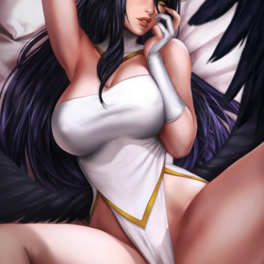 albedo, big breasts, breasts, cleavage, dandon fuga, female, female only, horns, large breasts, long hair, looking at viewer, overlord (maruyama), solo, spread legs