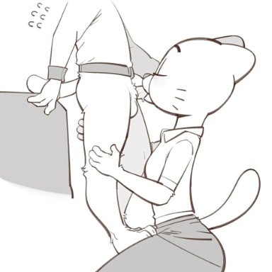 age difference, anthro, balls, blowjob, bottomless, breasts, cartoon network, closed eyes, clothed, clothing, feline, fellatio, female, fur, gumball watterson