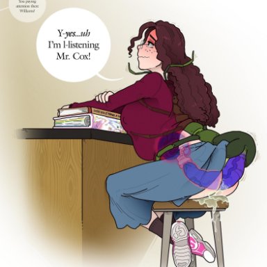 animal genitalia, centipede, classroom, clothed, clothed sex, female, glasses, insect, insects, public sex, school, sitting, sparrow, speech bubble, unicorn