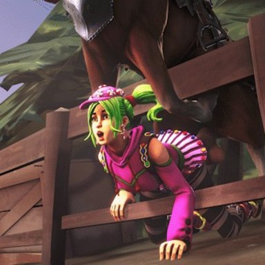 1girl, 3d, animated, clothed, clothed sex, fortnite, horse, source filmmaker, vicesfm, zoophilia