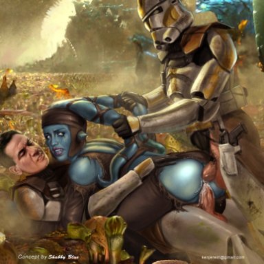 1girl, 2boys, aayla secura, alien, anal, anal sex, ass, balls, blue skin, clone trooper, clothed male, crying, crying with eyes open, cum, cum in pussy