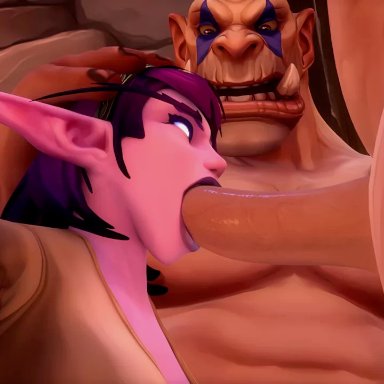 1girl, 2boys, 3d, animated, blowjob, deepthroat, long ears, nexus763, night elf, ogre, oral, pointy teeth, runiclodges, sound, tagme