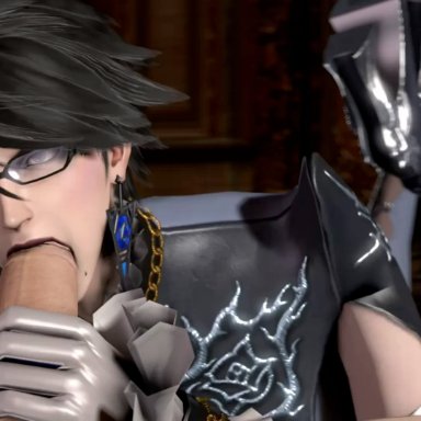 1boy, 1girl, 3d, animated, bayonetta, bayonetta (character), big penis, black hair, blue eyes, bodysuit, clothed, dpmaker, earrings, erection, fellatio