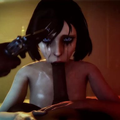 3d, animated, areola, bioshock, breasts, curvy, dark-skinned male, deepthroat, duo, elizabeth, erection, fellatio, female, forced, gun