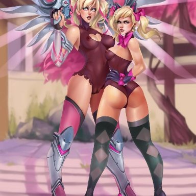2girls, alternate costume, areolae, ass, black cat d.va, blonde hair, breasts, cameltoe, d.va, female, female only, incest, katestarling, looking at viewer, looking back