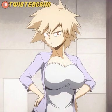 1girl, animated, blonde hair, breasts, grin, huge breasts, milf, mitsuki bakugou, my hero academia, nipples, no sound, orange eyes, short hair, solo, spiky hair