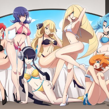 6girls, armpits, arms up, belly, big breasts, bikini, black hair, blonde hair, blue hair, breasts, clair, cleavage, cynthia (pokemon), female only, glasses