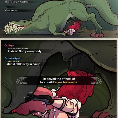 big breasts, big dom small sub, breasts, capcom, comic, cum, cum from mouth, cum in mouth, cum in pussy, cum inside, cum leaking, cum through, deviljho, dinosaur, duo