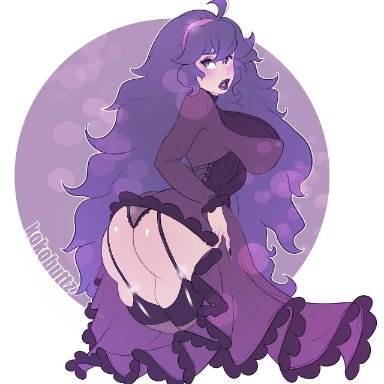 1girl, ahoge, ass, big breasts, blush, breasts, cleavage, corset, dress, eyelashes, female, female only, garter belt, hairband, hex maniac