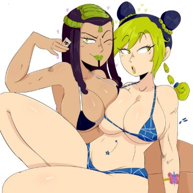 :o, big breasts, bra, breast, green eyes, green hair, green lipstick, hermes costello, jinu, jojo's bizarre adventure, jolyne kujo, panties, shiny skin, tatoo, white skin