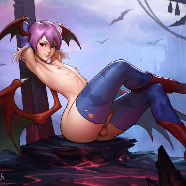 1futa, animal print, armpits, arms behind back, arms up, ass, balls, bat print, boots, breasts, cage, castle, commentary, darkstalkers, demon girl