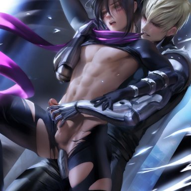 2boys, anal, black hair, blonde hair, dominant blonde, erection, genos, hand on head, hand on own head, male focus, multiple boys, one-punch man, open mouth, penetration, penis