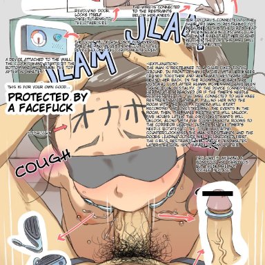 1boy, anal object insertion, bar censor, barefoot, bent over, blindfold, blush, bondage, breasts, brown hair, clock, cock ring, crying, earplugs, english text