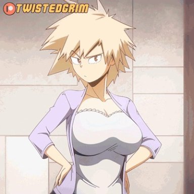 animated, blonde hair, bra, cleavage, huge breasts, mitsuki bakugou, my hero academia, no sound, short hair, twistedgrim, webm