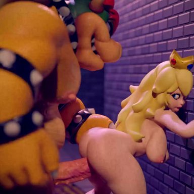 against wall, akkoarcade, animated, ass, balls, bent over, bouncing breasts, bowser, breasts, cock ring, crown, defeated, eyeliner, femsub, from behind