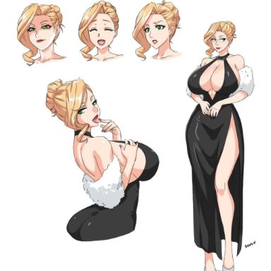 1girl, back, bare shoulders, belly, big ass, big breasts, blonde hair, breasts, cleavage, closed eyes, clothed, devil-v, dress, eyelashes, feet