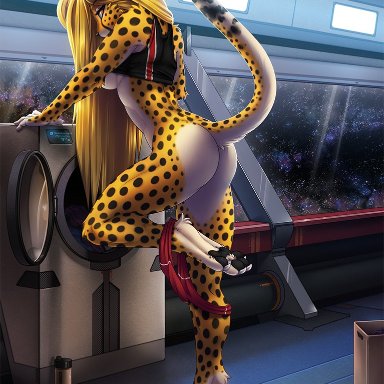 2015, amber eyes, anthro, ass, barefoot, blonde hair, bottomless, breasts, cheetah, claws, clothed, clothing, clothing lift, curled tail, detailed background